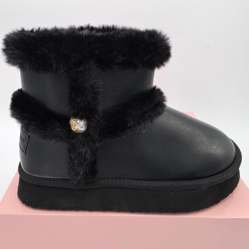 Juicy Couture Ocarina Black Faux Leather Faux Fur Platform Ankle Boots 8 NEW